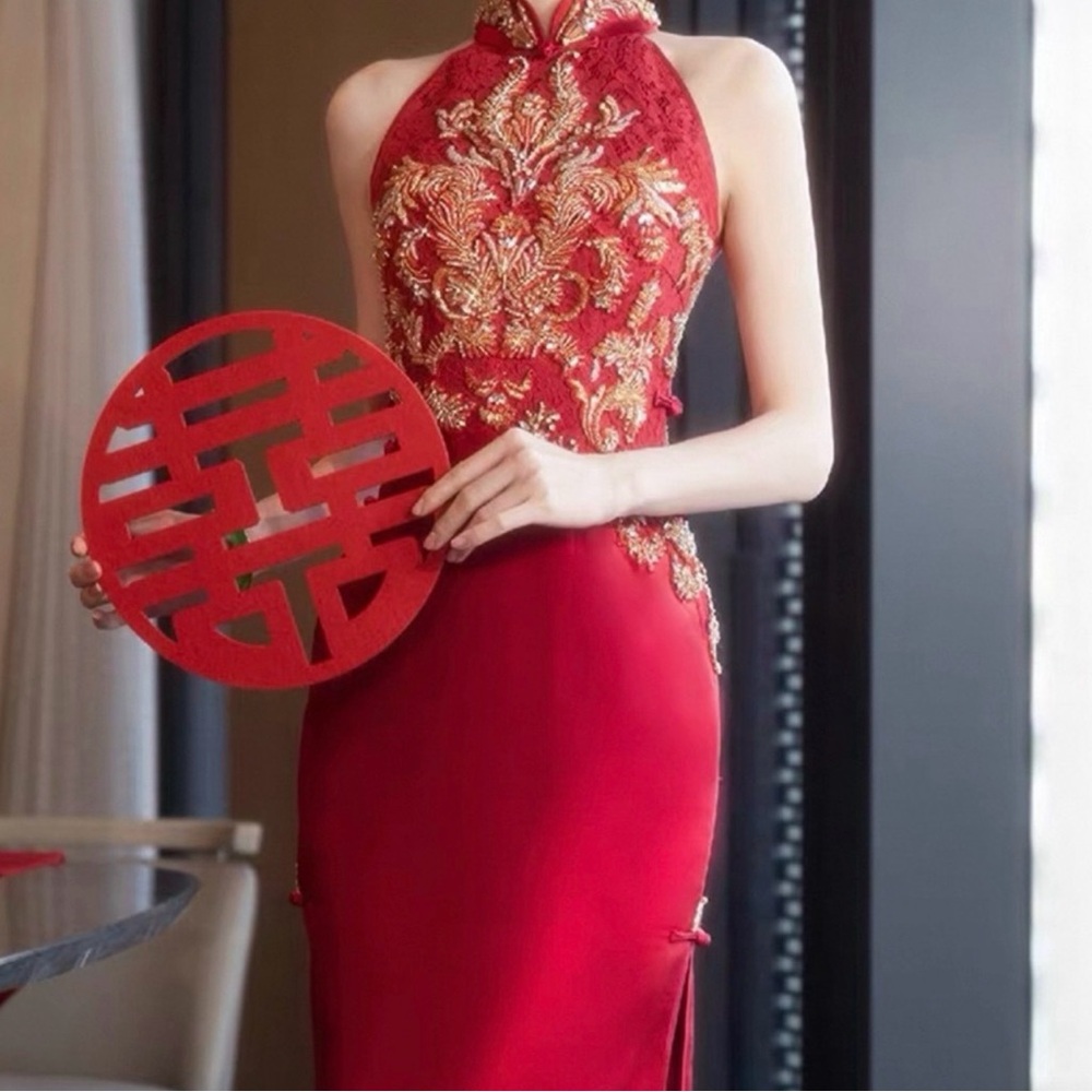 Chinese Qipao Wedding Elegant Red Embroidered Halter Dress Size S